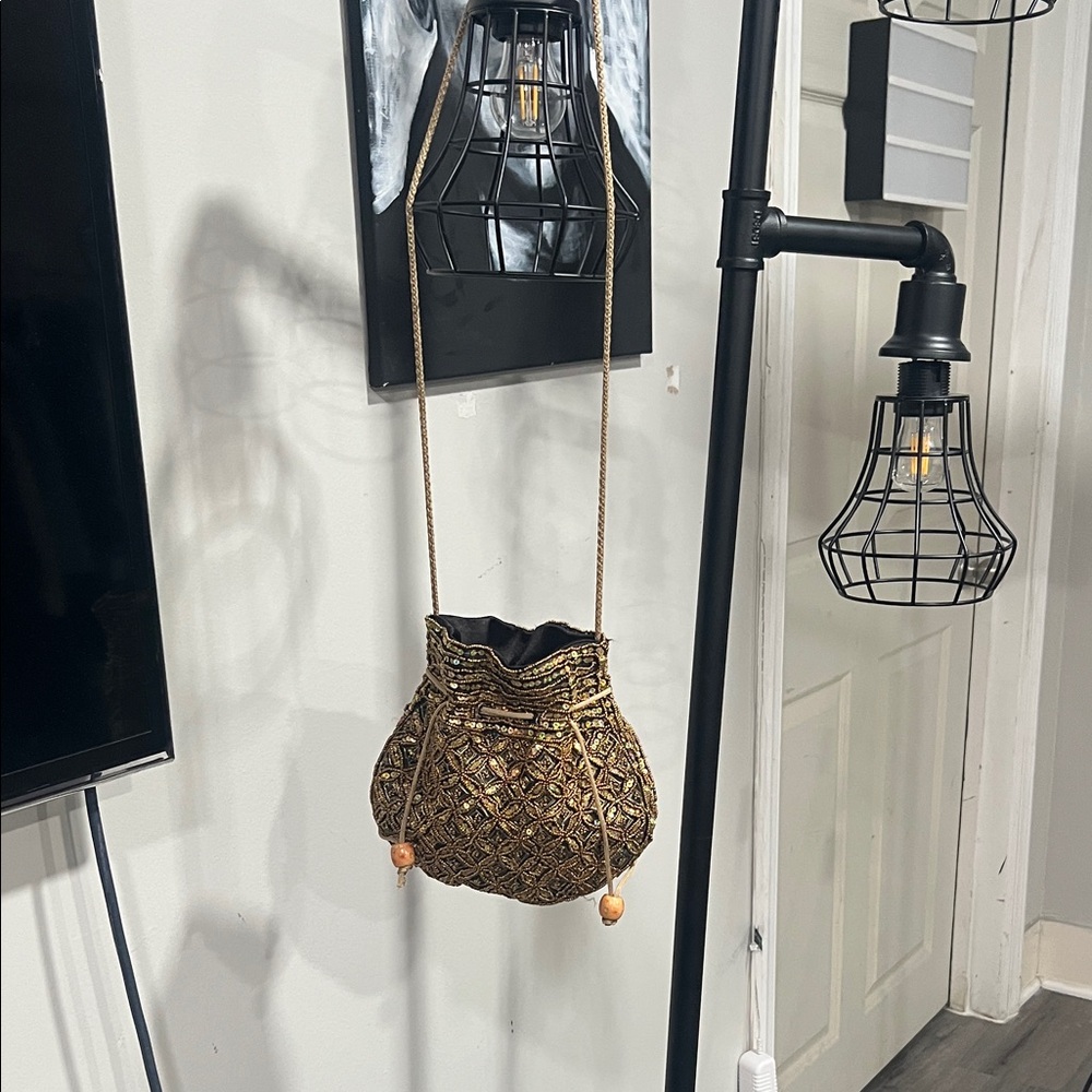 Vintage Gold Beaded Evening Potli Bag | 90s Drawstring Pouch
